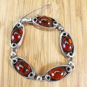 Vintage Sterling Silver Amber Cabochon Modernist Swirl Oval Link Bracelet Signed